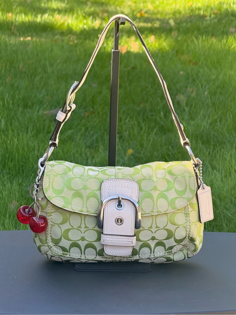 Vintage Coach Y2K Lime Green Signature Canvas Soho Buckle Flap with Cherry Charm